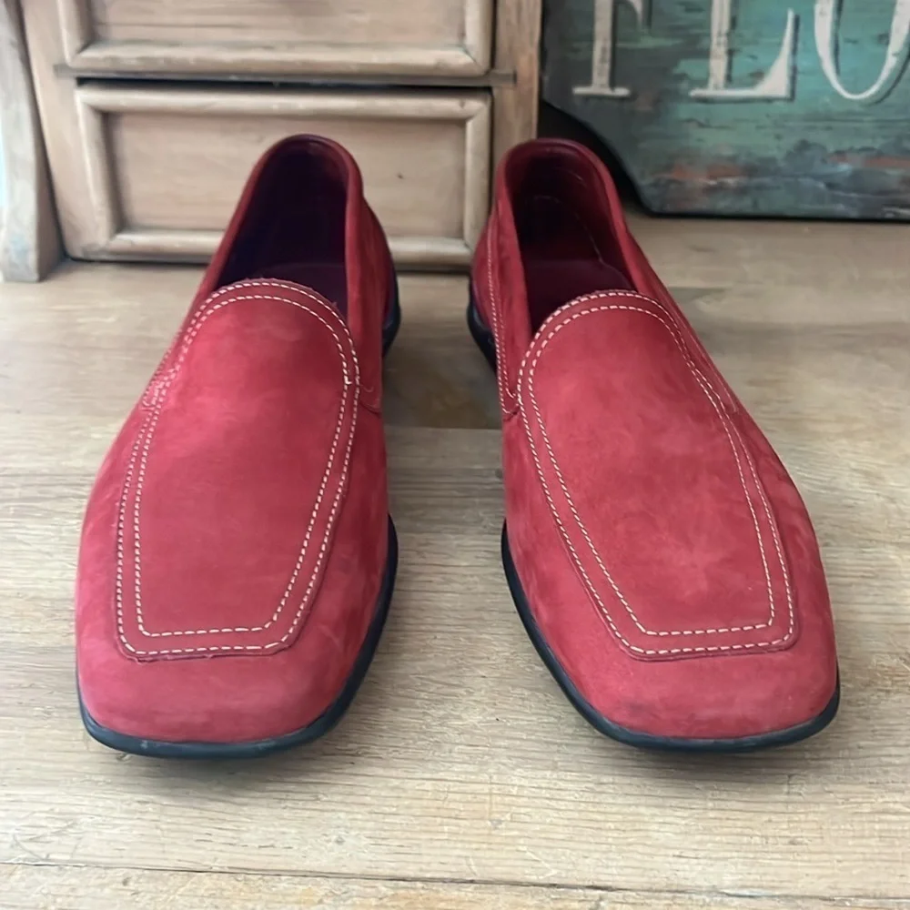 Arche Red Nubuck Leather Flats Loafers Size 8 Contrast Stitching